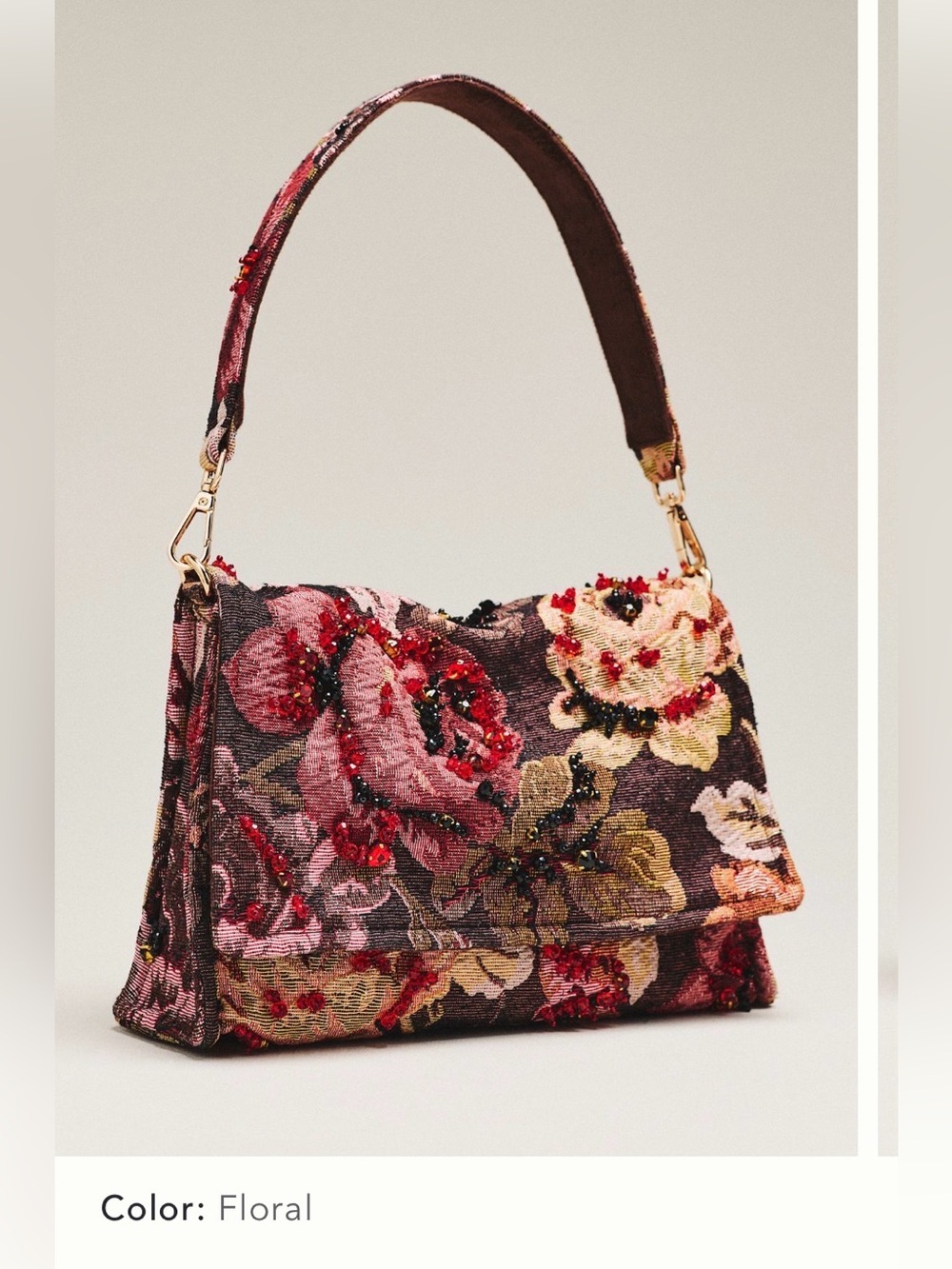 New Anthropologie Audra embellished floral shoulder bag brown pink tapestry